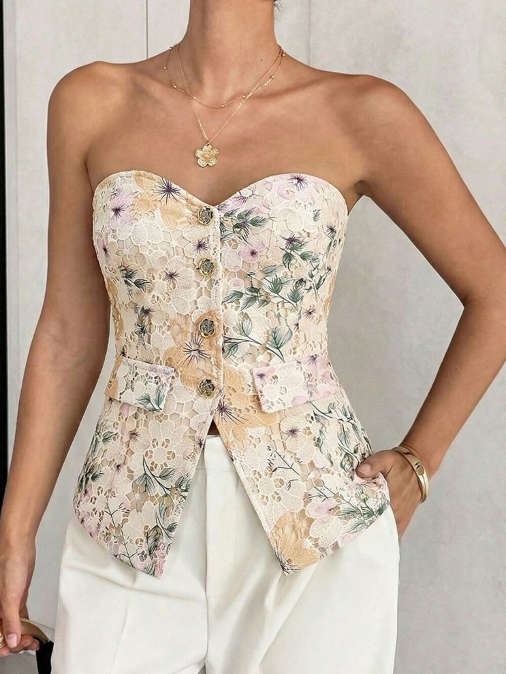 Yellow Boho Women's Elegant Floral Camisole Top - Picture 5 of 6